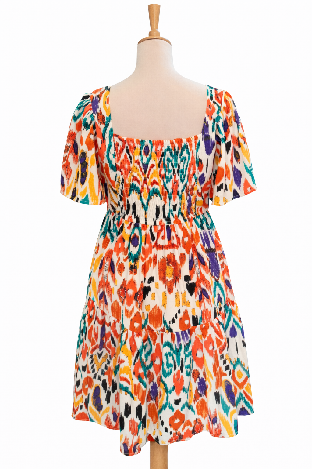 Robe multicolore à motif Ikat et Volants