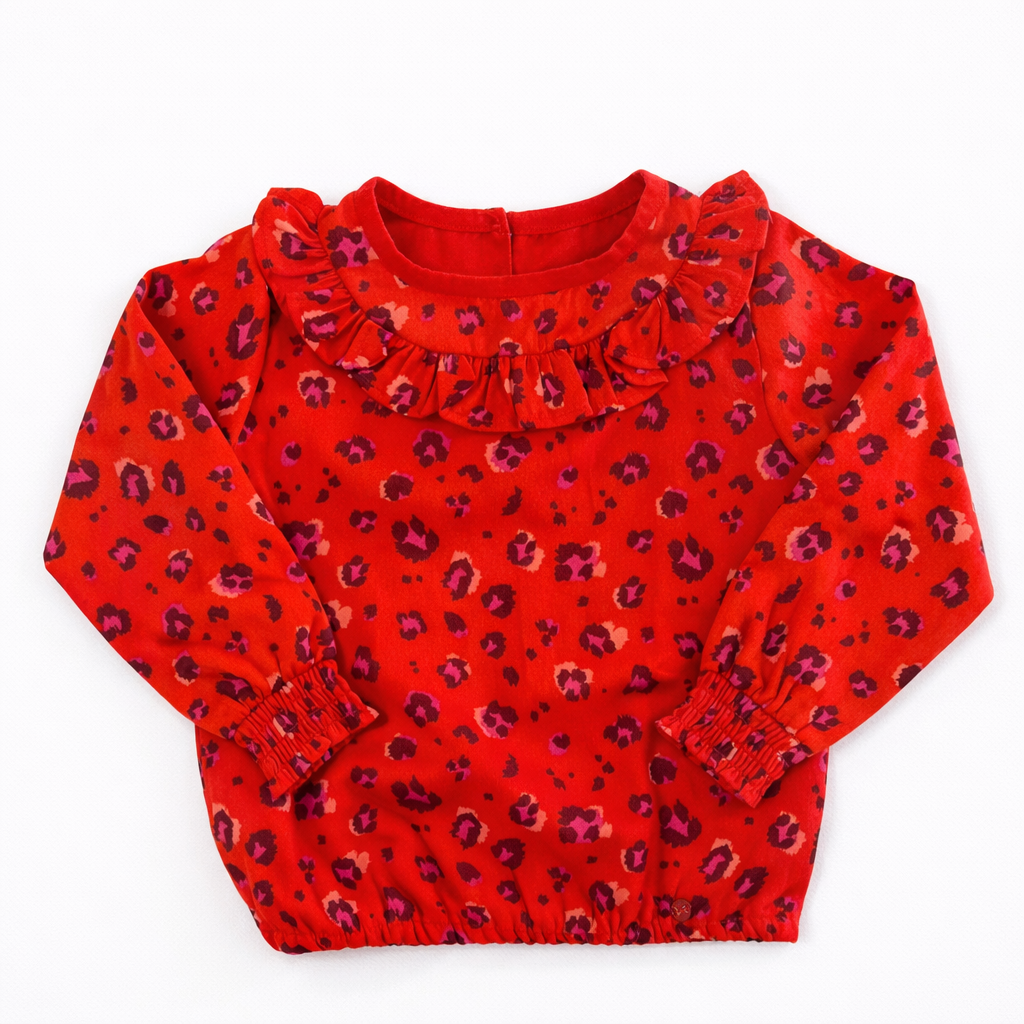 Blouse à volant imprimé léopard rouge fille