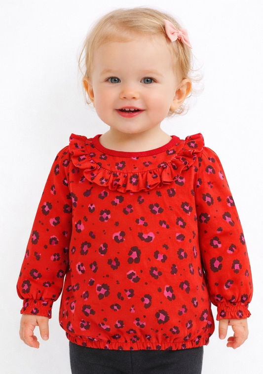 Blouse à volant imprimé léopard rouge fille