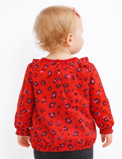 Blouse à volant imprimé léopard rouge fille