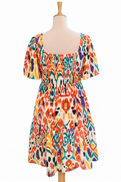 Robe multicolore à motif Ikat et Volants