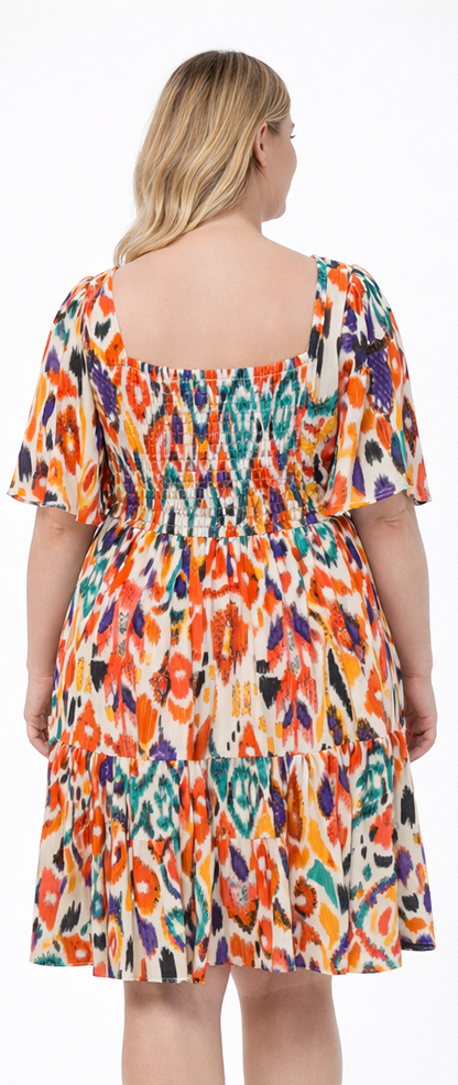 Robe multicolore à motif Ikat et Volants