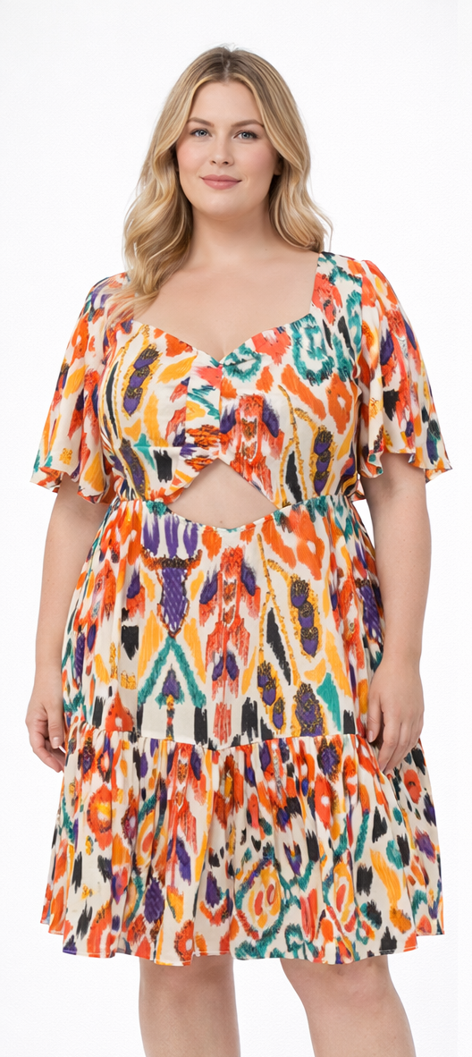Robe multicolore à motif Ikat et Volants