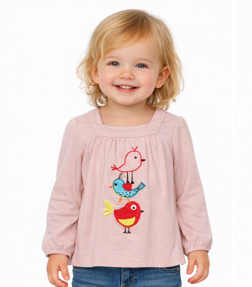 T-shirt rose à manches longues "petits oiseaux" fille