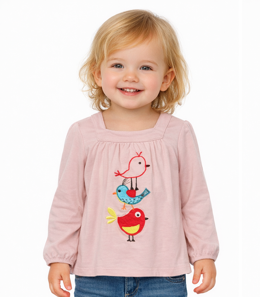 T-shirt rose à manches longues "petits oiseaux" fille