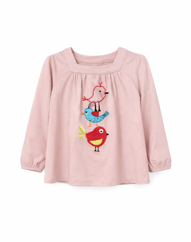 T-shirt rose à manches longues "petits oiseaux" fille